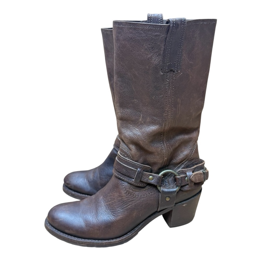 Frye women 9B Tall Pull On Riding Boots Western Harness Block Heel Distressed